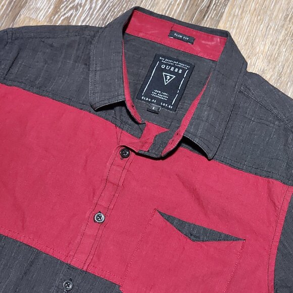 Guess Slim Fit Button Up Shirt Men’s L Black Red Colorblock Long Sleeve Casual - Picture 3 of 7